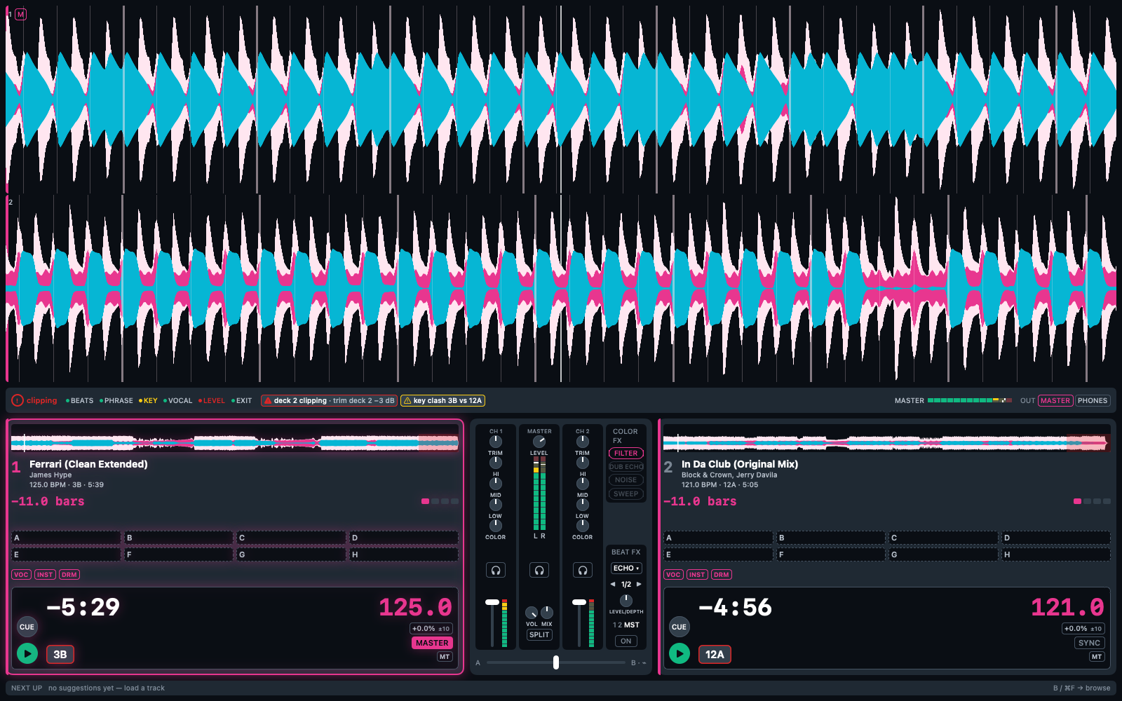 The HotQue7 Perform screen: two stacked zoom waveforms in cyan, pink and blush, the mix health strip with live findings, two deck columns with phrase countdown, hot cue pads and stem toggles, and a software mixer with EQ, filter and Beat FX.